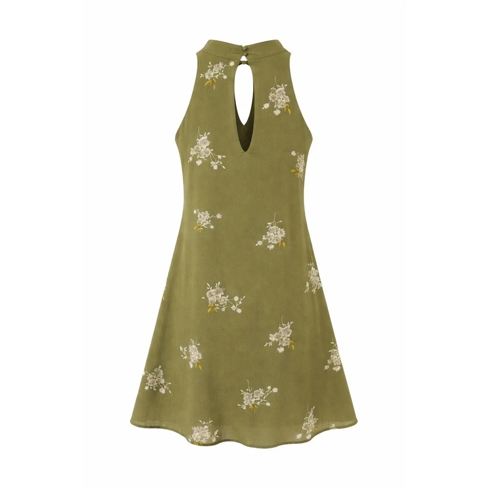 Miami Womens XS Olive Green Floral High Neck Cutout Sleeveless Dress Cottagecore